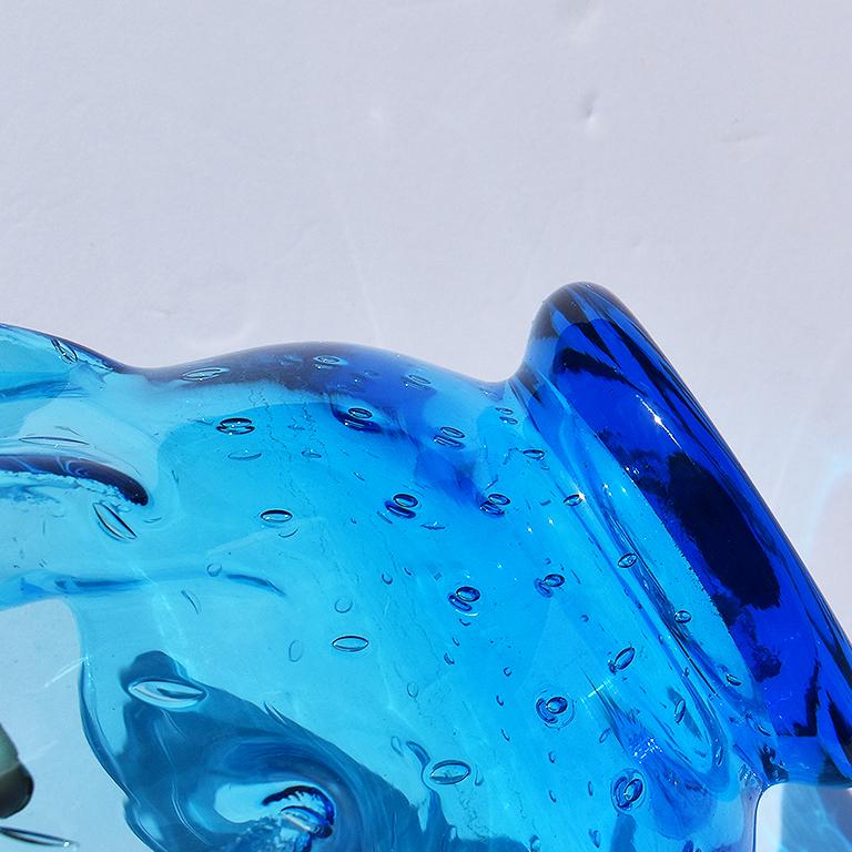Modern Abstract Blue Italian Murano Art Glass Draped Wavy Bowl Vase or Vessel For Sale
