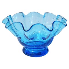 Abstract Blue Italian Murano Art Glass Draped Wavy Bowl Vase or Vessel