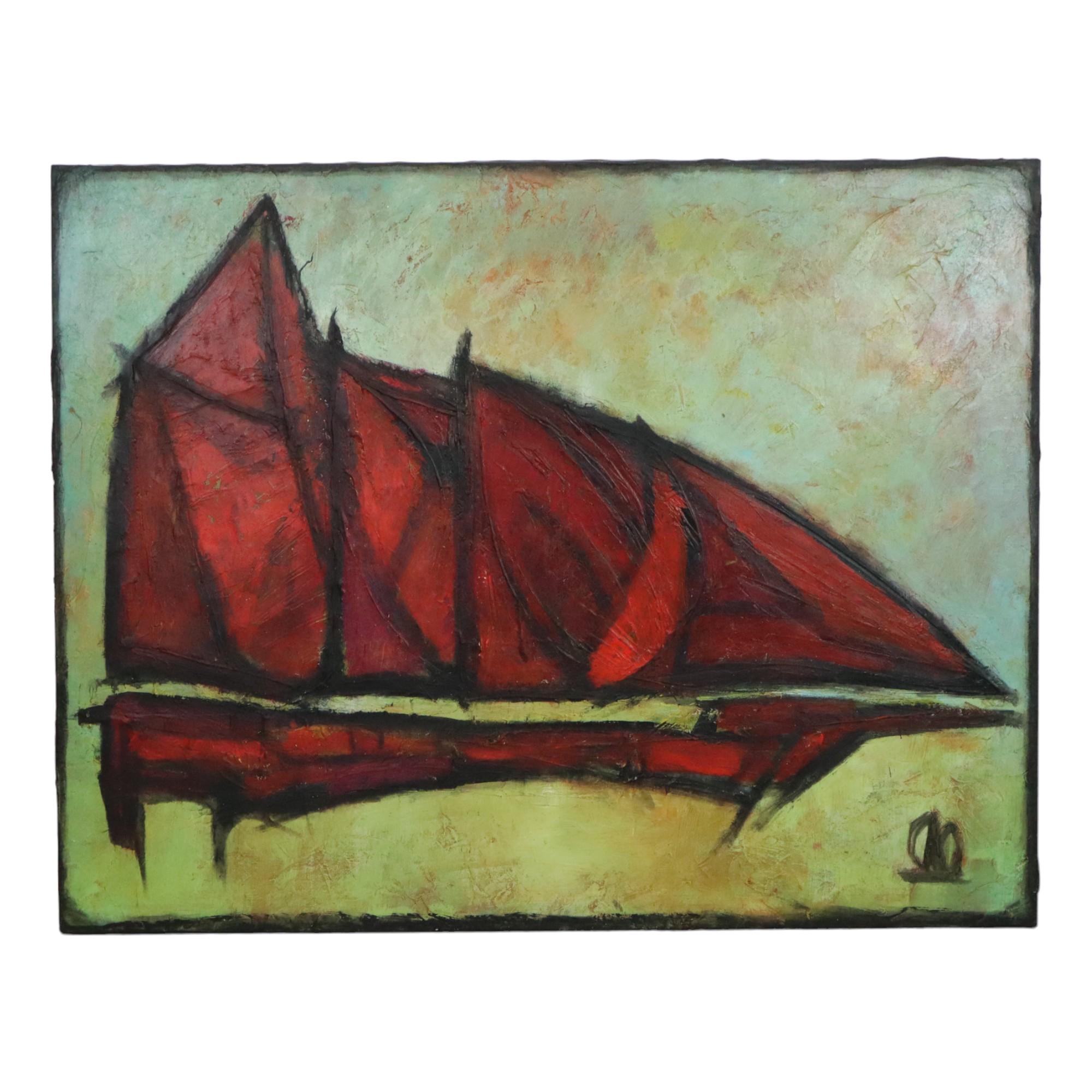 Abstraktes Gemälde eines Bootes, Öl auf Leinwand, XL-Format, signiert unten rechts mit dem Logo eines kleinen Bootes, nordfranzösischer unbekannter Künstler (Region Amiens, Abbeville), gemalt etwa Mitte der zweiten Hälfte des 20.