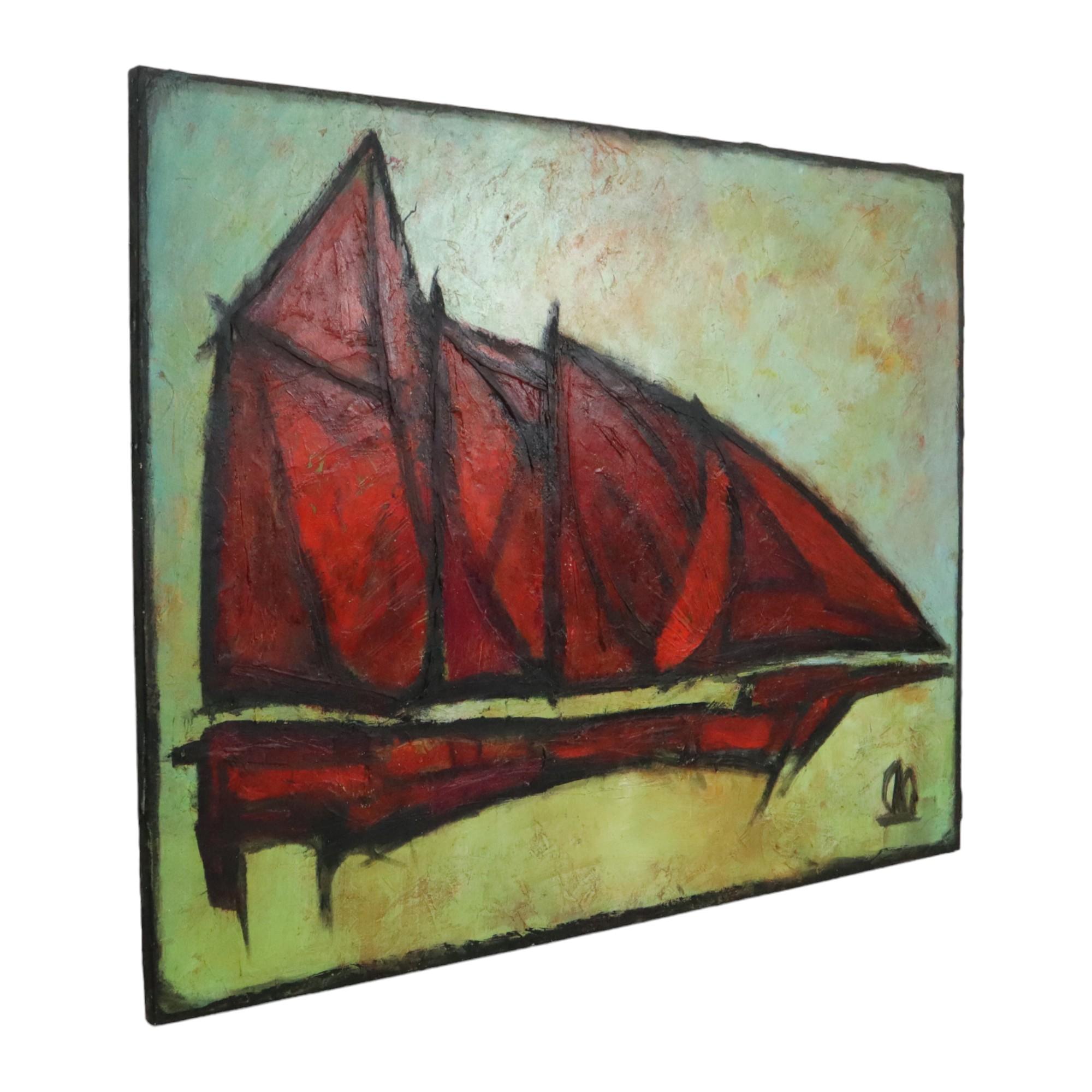 Abstrakte Bootskunst Öl auf Leinwand XL Großes Gemälde Signiert 146x114cm (Französisch) im Angebot