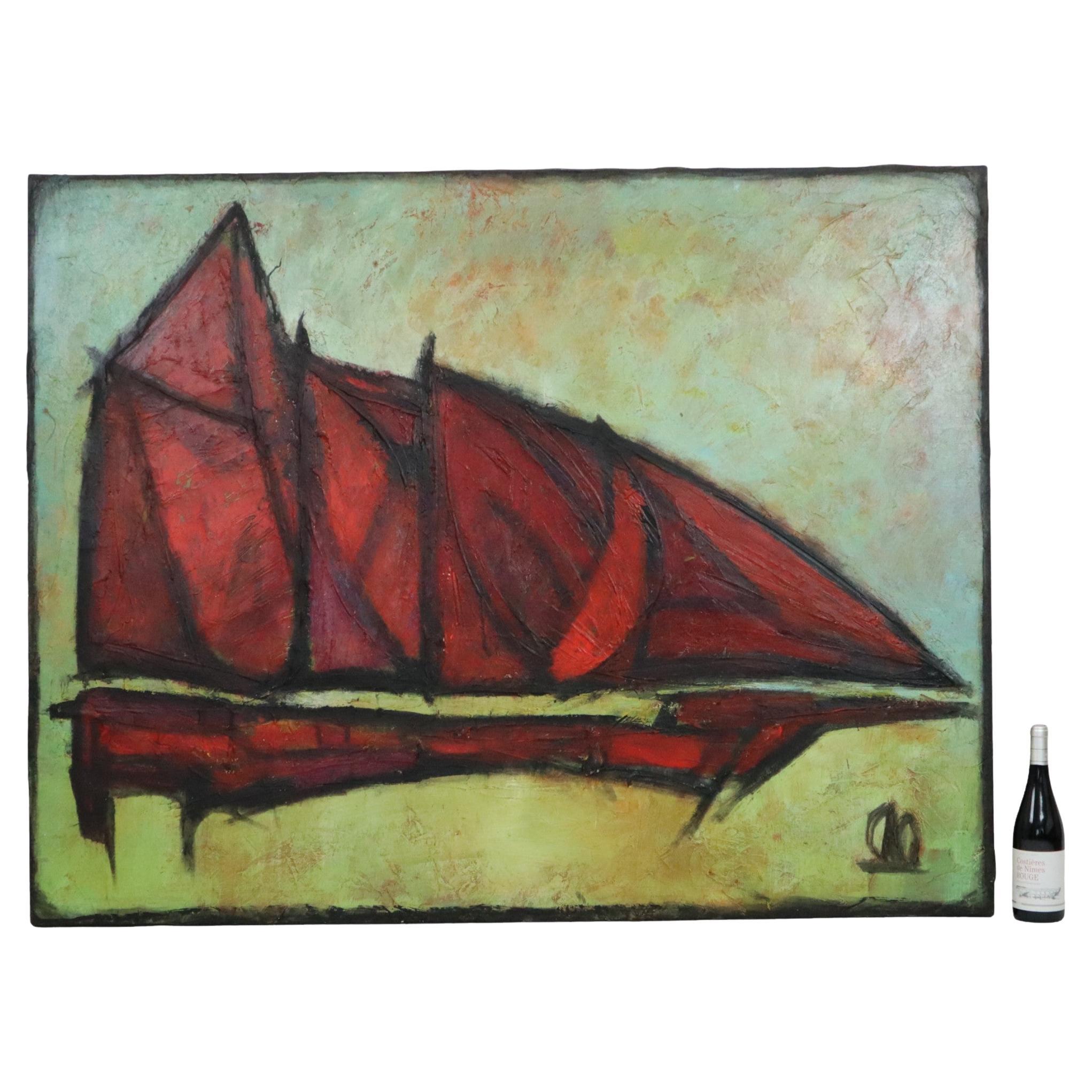 Abstract Boat Art Oil On Canvas XL Huge Painting Signed 146x114cm
