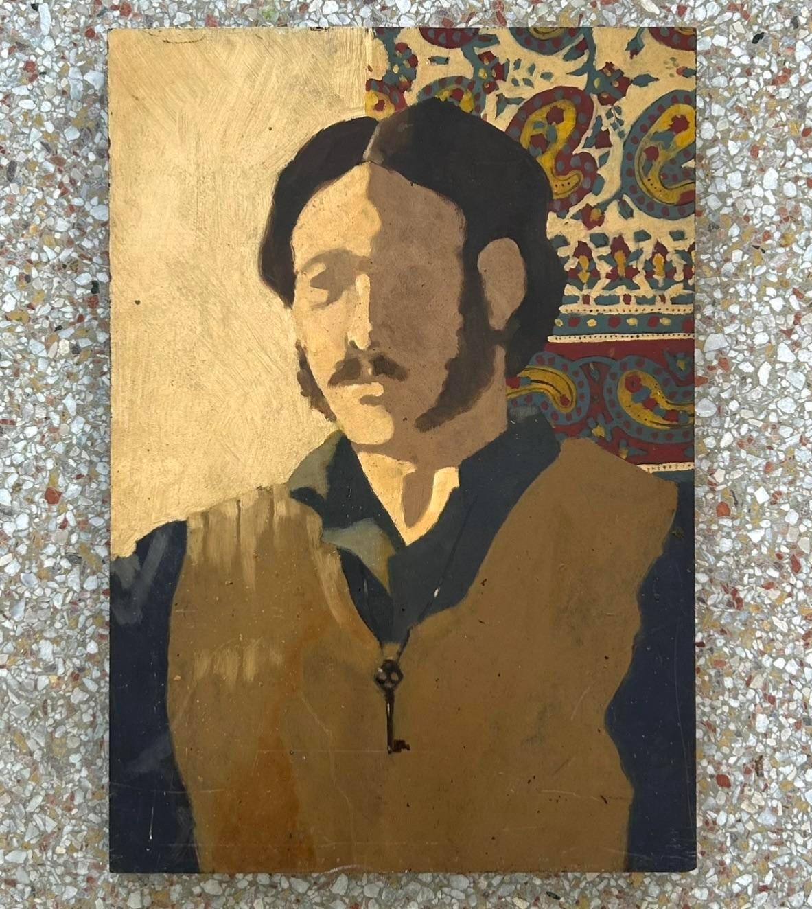 Abstraktes abstraktes Boho Original Porträt Öl auf Leinwand von Mann in Weste (Nordamerikanisch) im Angebot