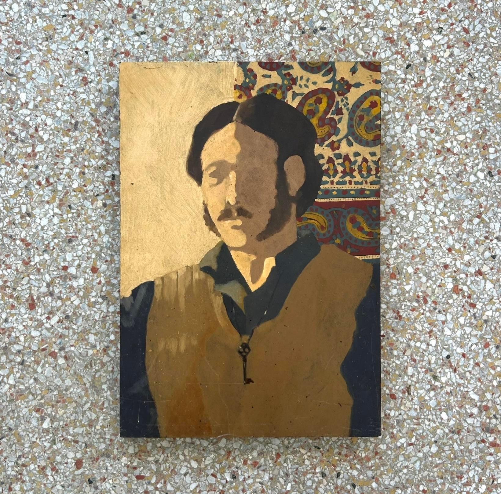 20th Century Abstract Boho Original Portrait Oil on Canvas of Man in Vest For Sale