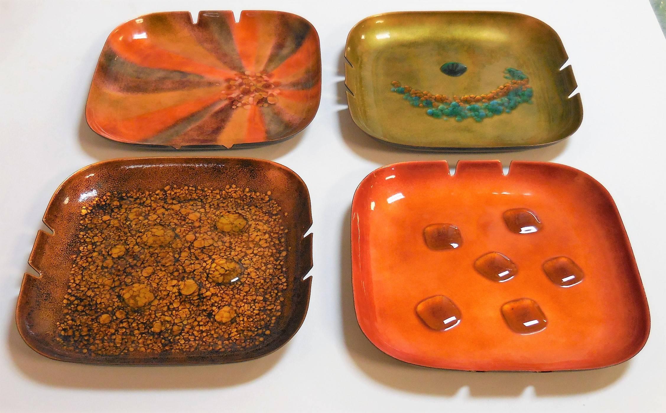 A collection of four abstract design enamel bowls by Bovano. Each one is more stunning than the next. Retain labels on verso.