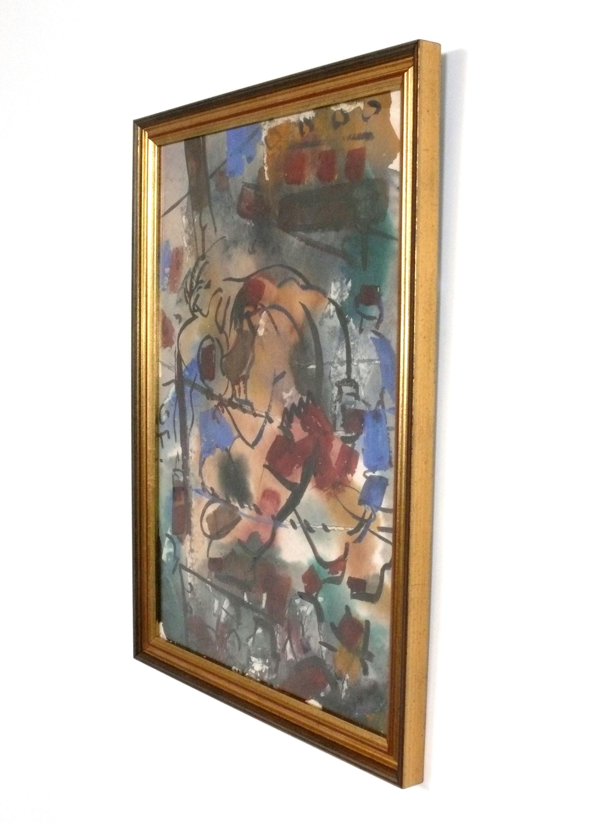 Abstraktes Originalgemälde von zwei Boxern, Künstler unbekannt, signiert E.N., wahrscheinlich Amerikaner, um 1950. Es ist vermutlich in Gouache auf Papier ausgeführt und ist schön in einem Vintage-Goldrahmen gerahmt. Es misst gerahmt 19