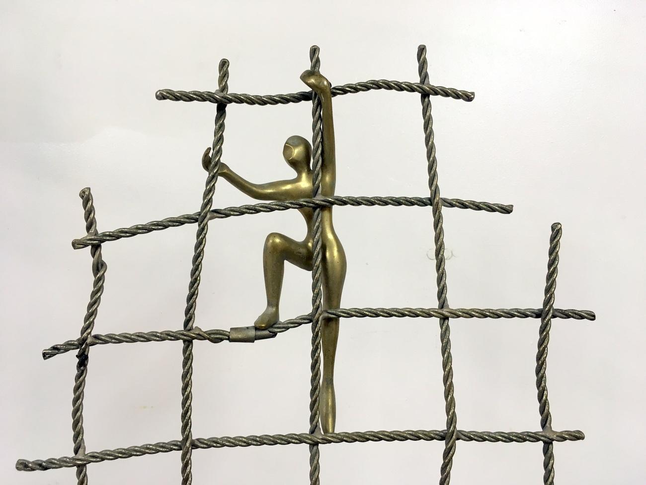 Mid-Century Modern Abstract Brass Figure Climbing a Net Scuplture
