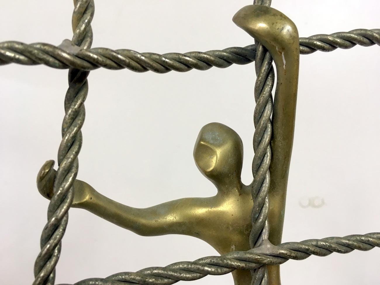 European Abstract Brass Figure Climbing a Net Scuplture