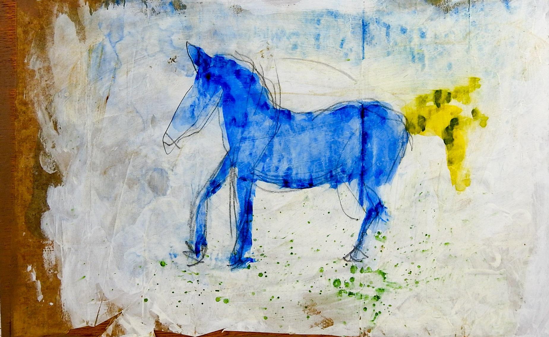 Early 21st century mixed media on paper painting of an abstract bright blue horse applied to a wood panel by George Turner (1943-2014), Illinois. From the estate of the artist. Unsigned. Unframed; no hanging hardware but could be hung as is. Paper
