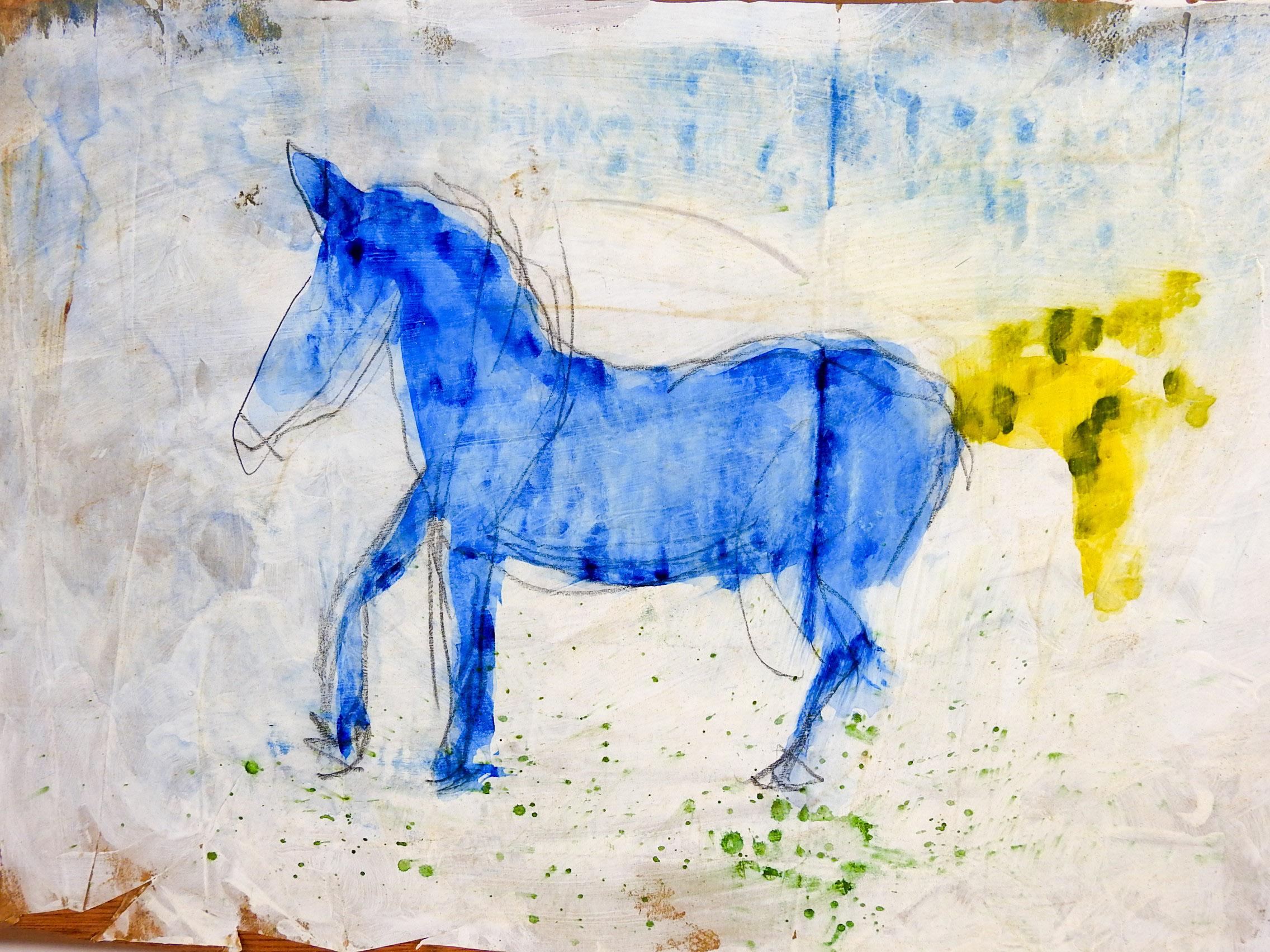 Contemporary Abstract Bright Blue Horse Mixed Media Painting