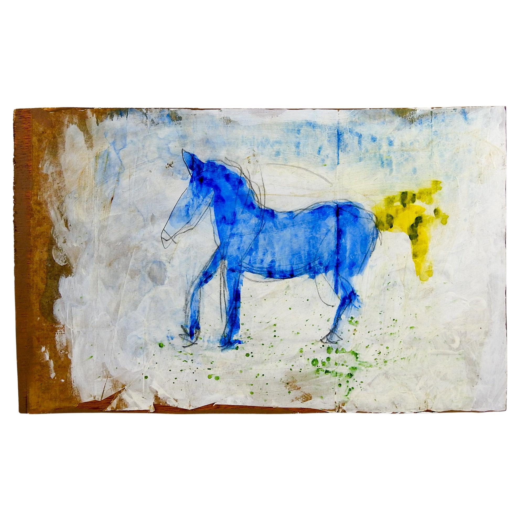 Abstract Bright Blue Horse Mixed Media Painting