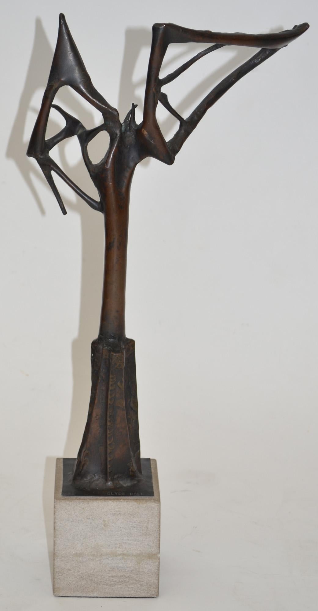 Abstract bronze Brutalist sculpture by Clyde ball mounted on a cement base 4