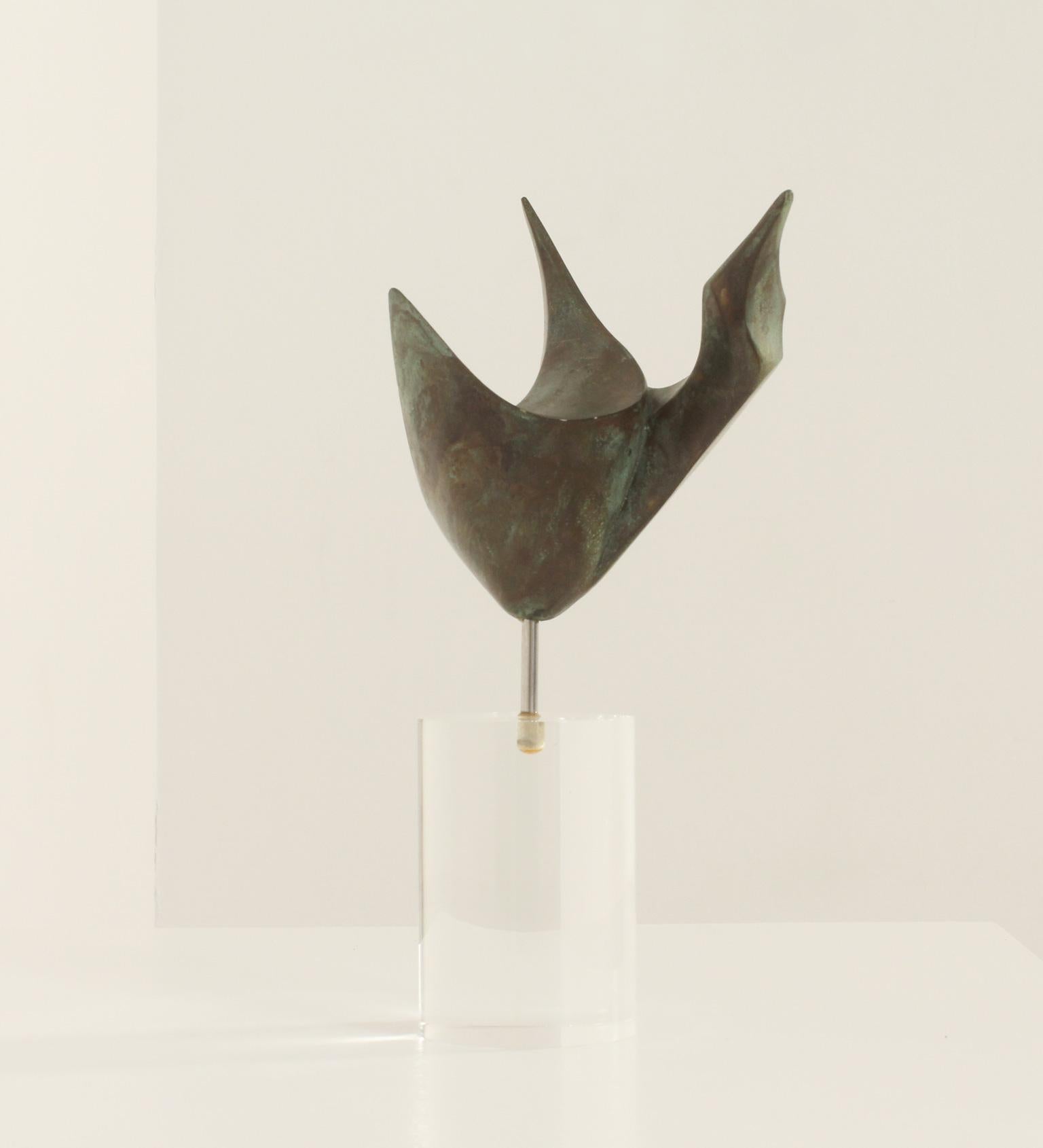 Abstract sculpture by Spanish artist Montserrat Sastre, 1970's. Patinated bronze on methacrylate pedestal. Signed and numbered.
