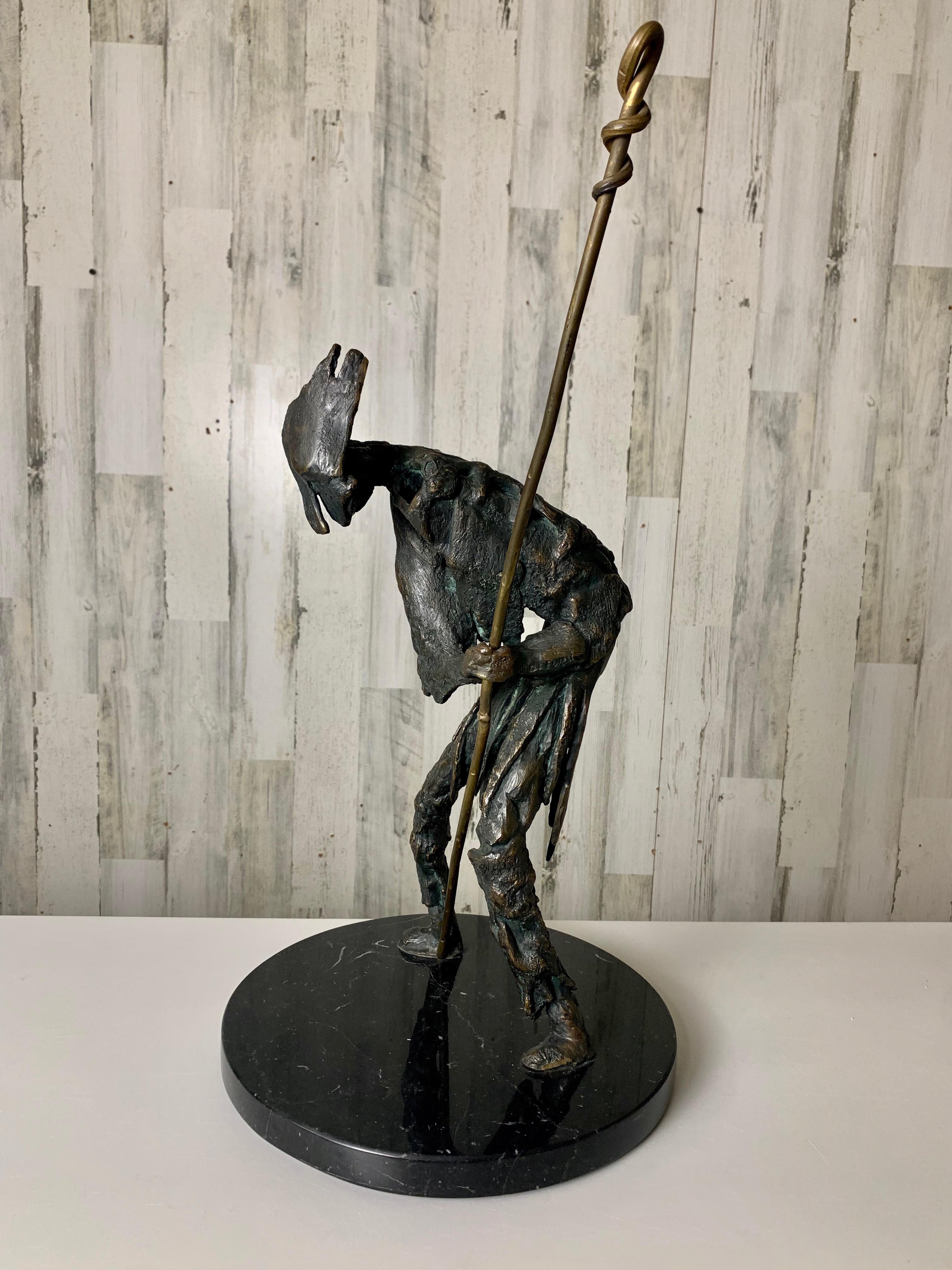Brutalist bronze sculpture of Don Quixote mounted on marble base. Great abstract interpretation of the Spanish knight battling the windmills.
This piece is signed on the back of one of the legs, but it's unreadable please see pictures.