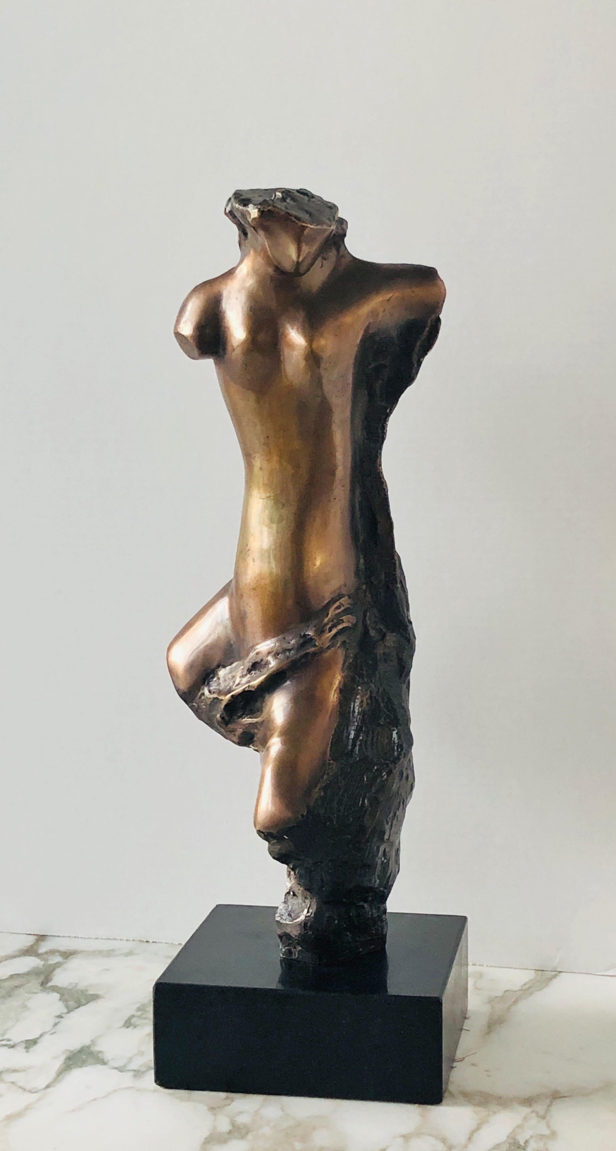A bronze sculpture of a nude. A modern treatment of a very classical subject. Signed illegibly. Bronze figure by itself is 17.5” tall.