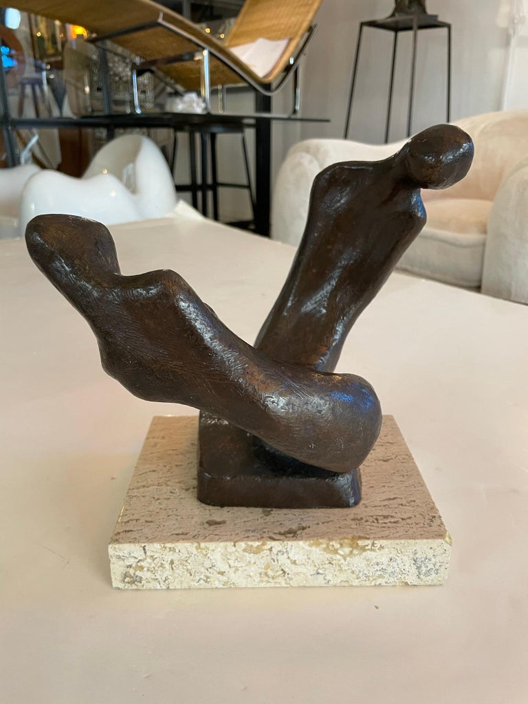 Abstract Bronze Sculpture on Travertine Base, 1976 For Sale at 1stDibs