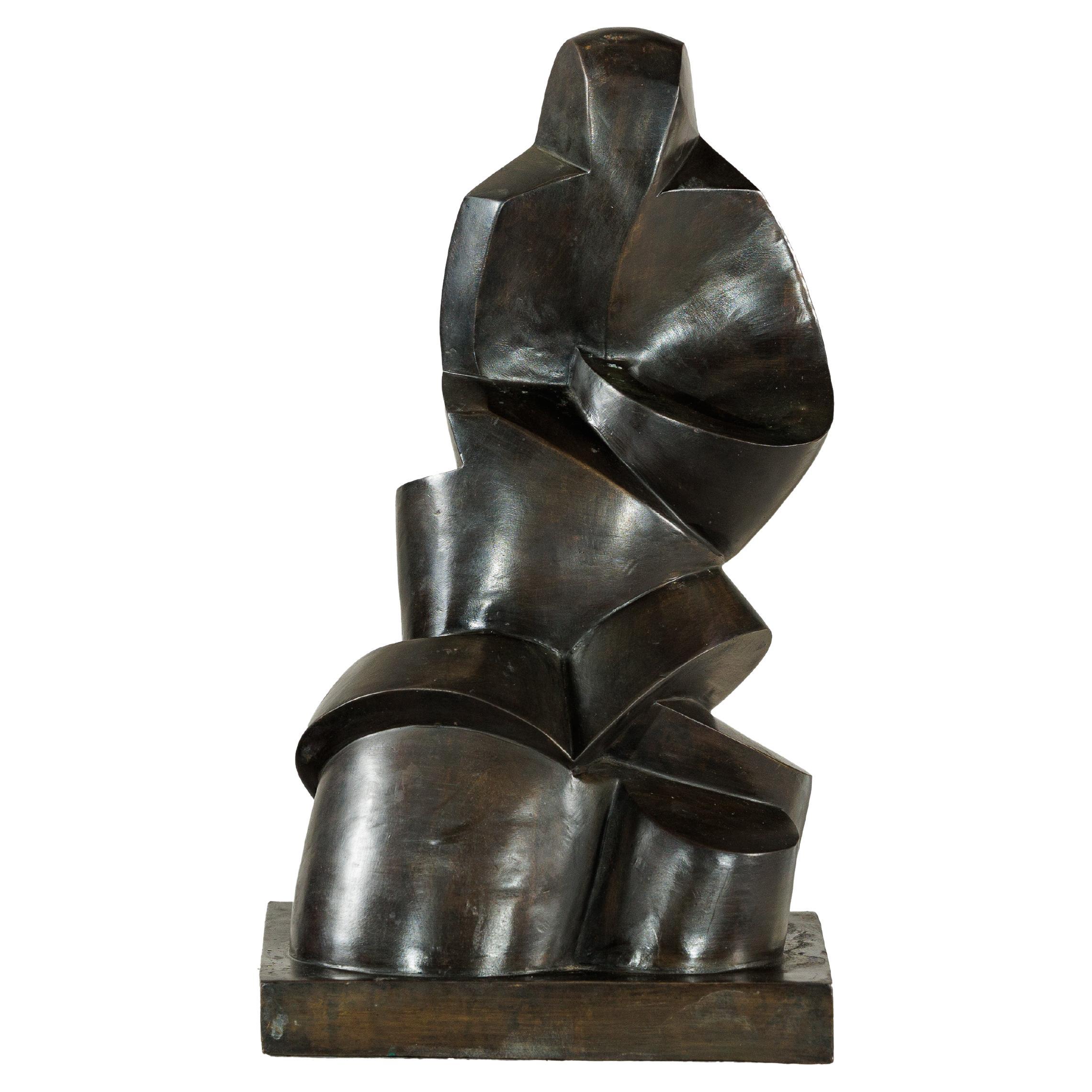 Abstract Bronze Sculpture with Geometric and Curved Forms on Plinth Base