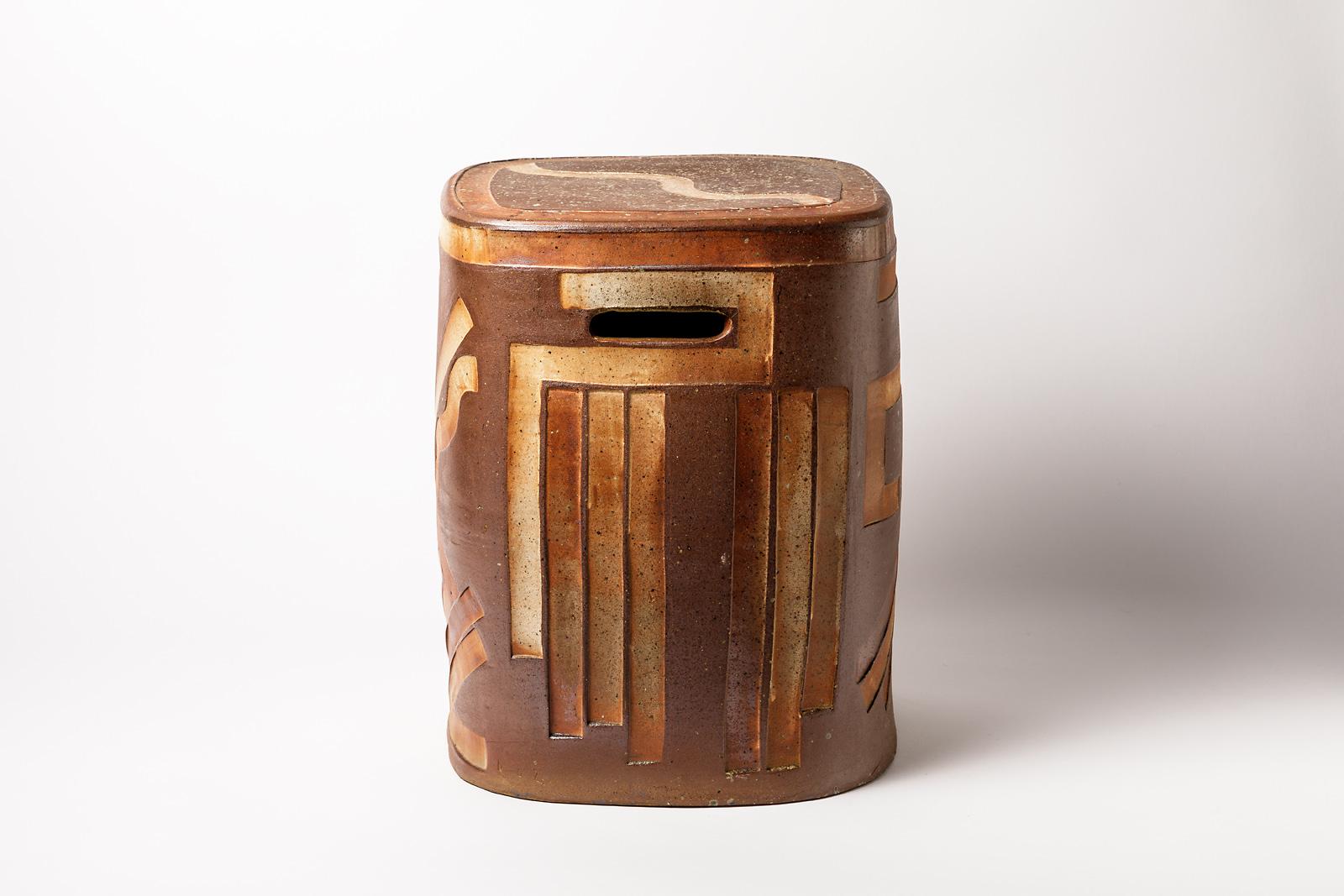 Modern Abstract Brown and White Stoneware Ceramic Stool Roz Herrin La Borne Table 8/11 For Sale