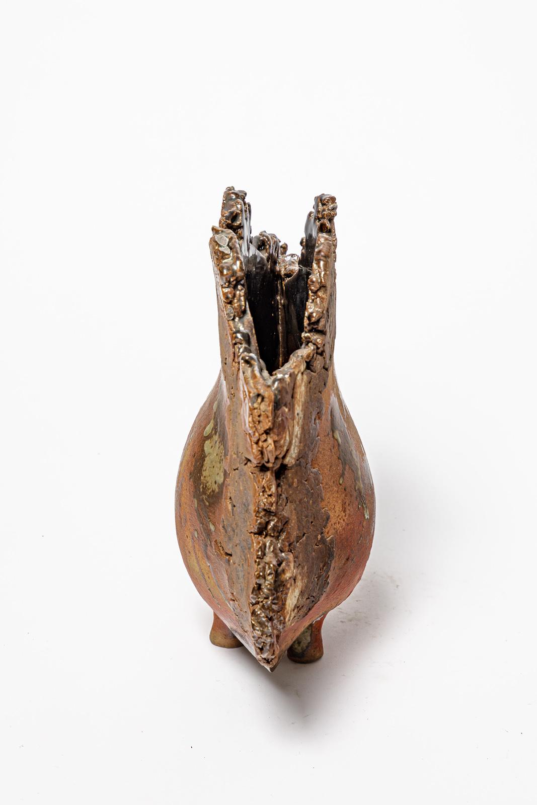 Français Vase abstrait en céramique de grès brun par Francois Marechal 1988 La Brown  en vente