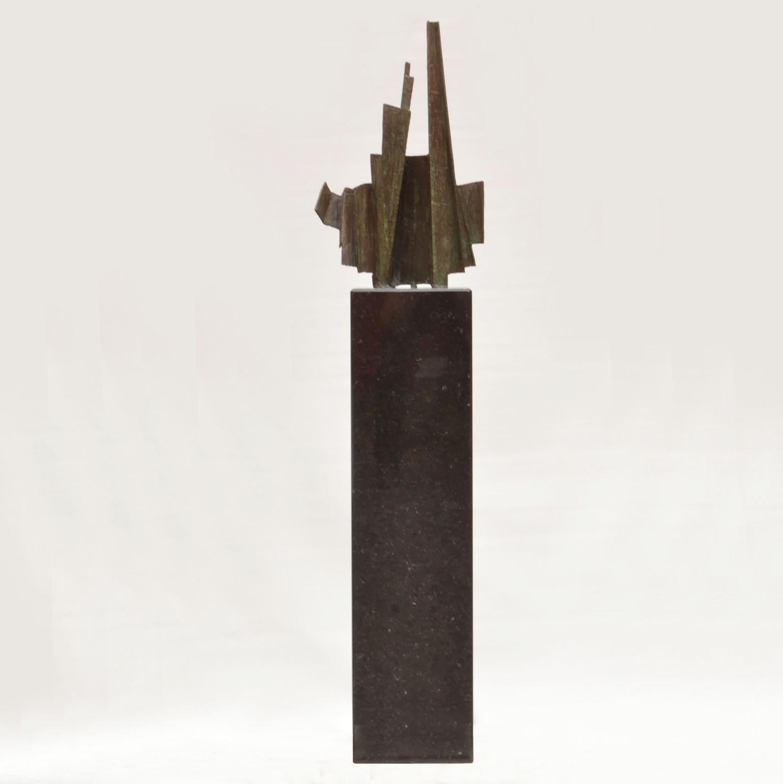 Late 20th Century Brutalist  Abstract Bronze Sculpture on Tall Black Marble Plinth Dutch 1980's  For Sale