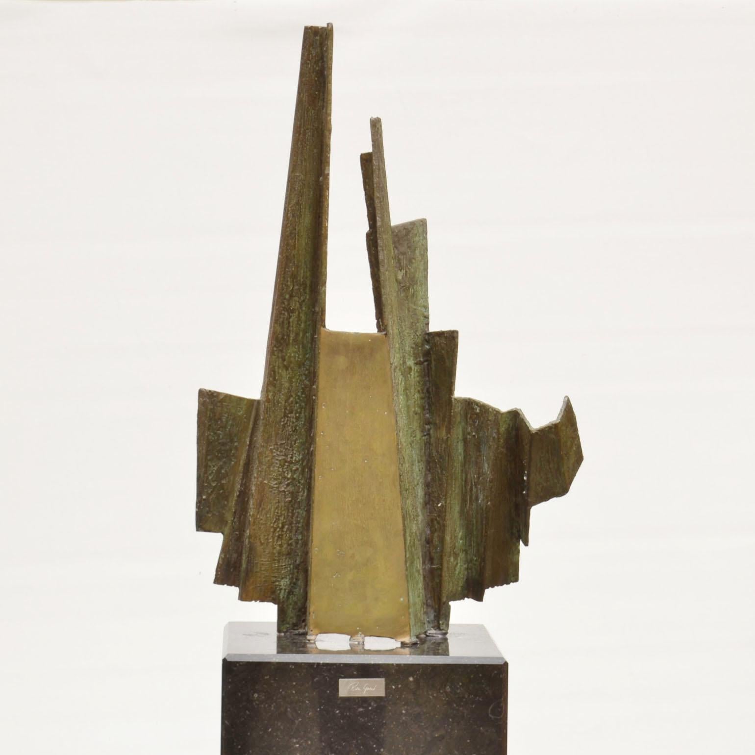 One of a two of Brutalist abstract sculptures by Dutch artist Rien Goené (1929-2013) circa 1980, signed. The asymmetrical concertina shaped bronze sculpture is colored with a light green patina. Where areas are rubbed back they reveal the warm
