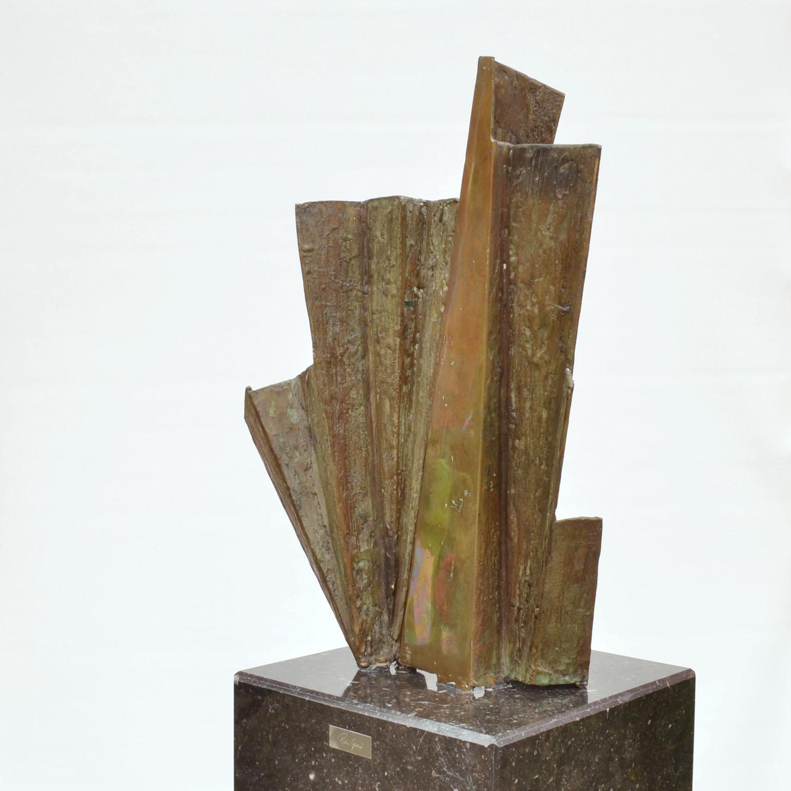 European Abstract Brutalist Concertina Shaped Bronze Sculpture on Black Marble Plinth For Sale