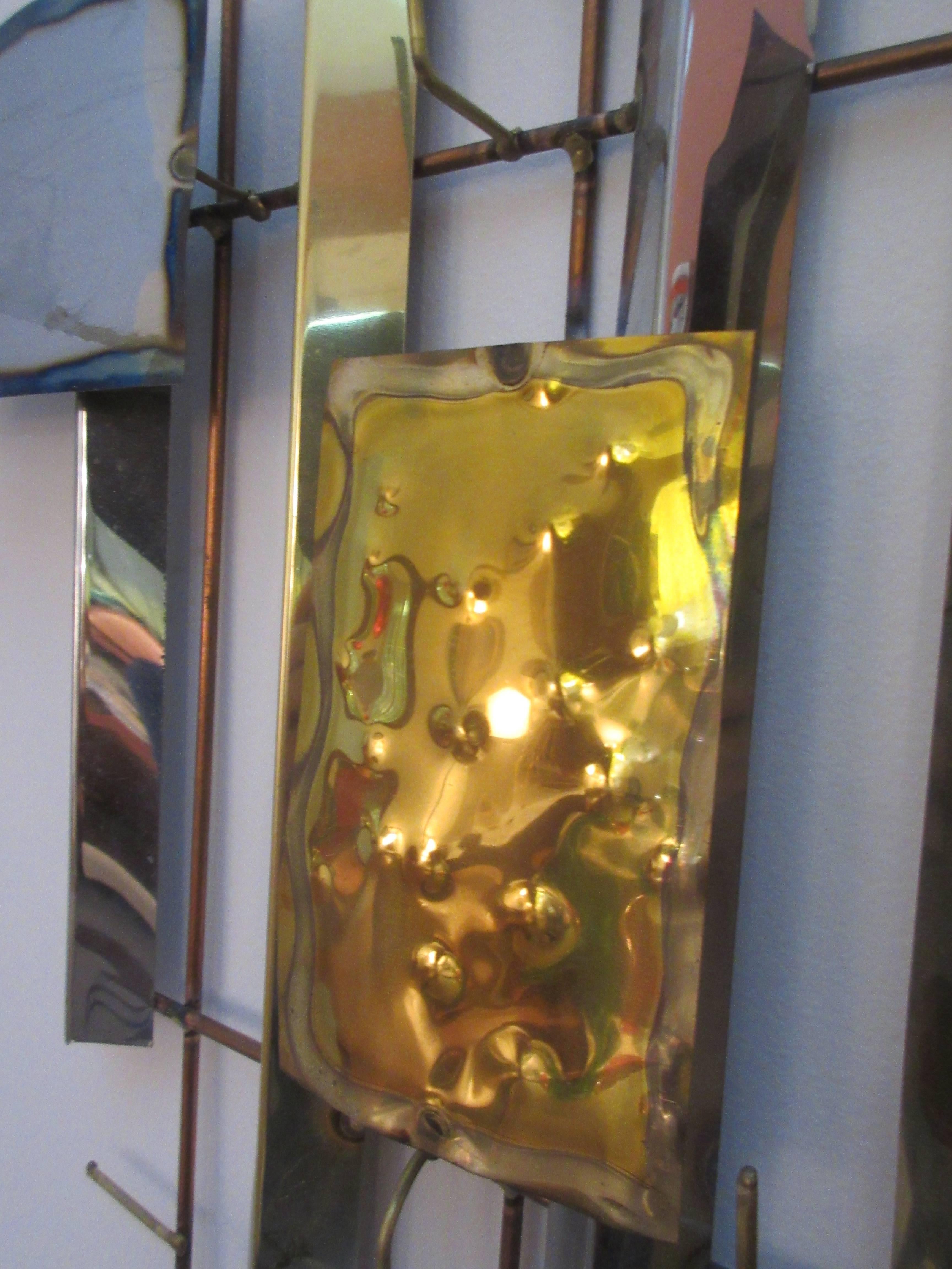 Brass Abstract Brutalist Metal Wall Sculpture in the Style of C. Jere