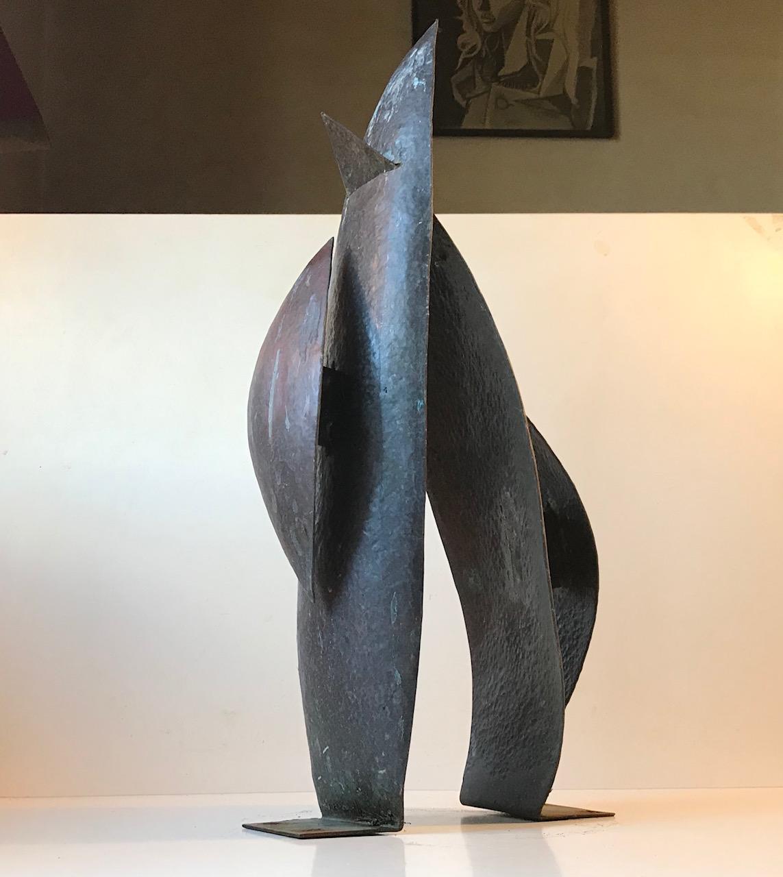 Large object in hammered and patinated copper. Raw and brutal in expression. It was executed during the 1970s within the perimeters of Middelfart Psychiatric Hospital in Denmark. This sculpture among a few others came from the estate of the man who