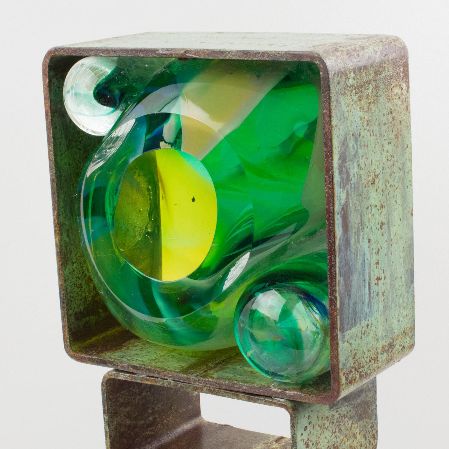 Abstract Brutalist Steel Green Blue Glass Art Work Sculpture 5