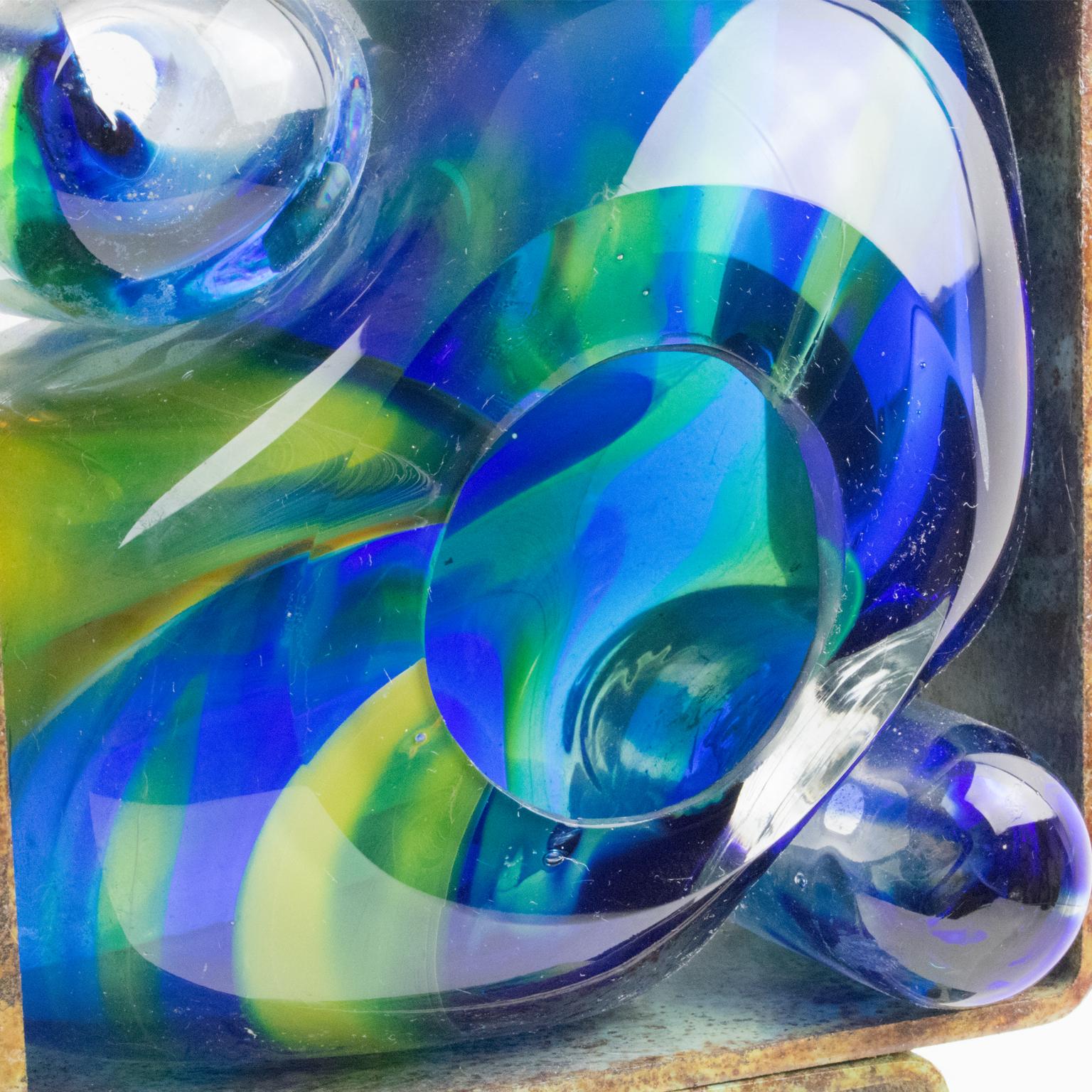 Abstract Brutalist Steel Green Blue Glass Art Work Sculpture 10