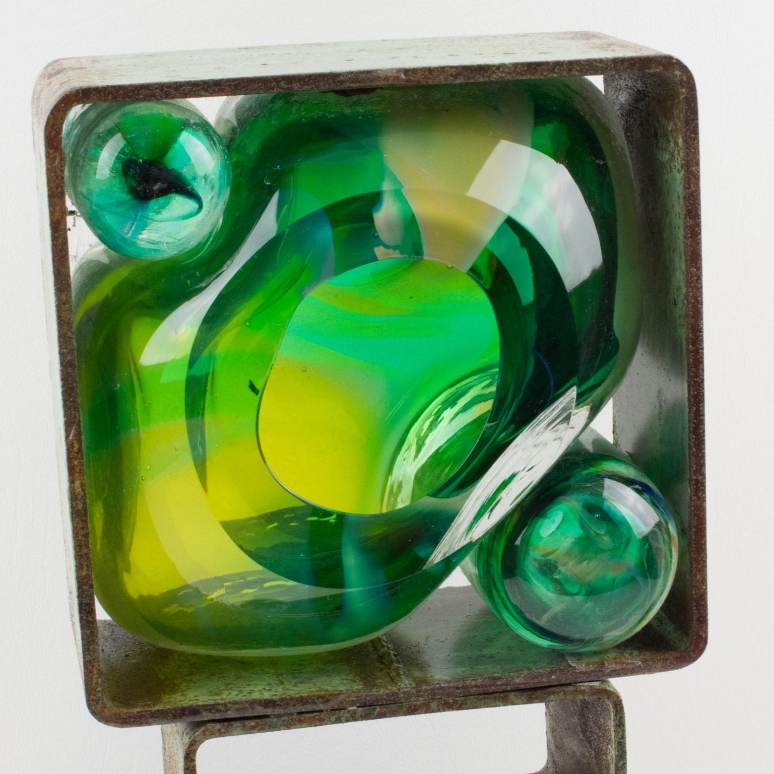 Abstract Brutalist Steel Green Blue Glass Art Work Sculpture 11