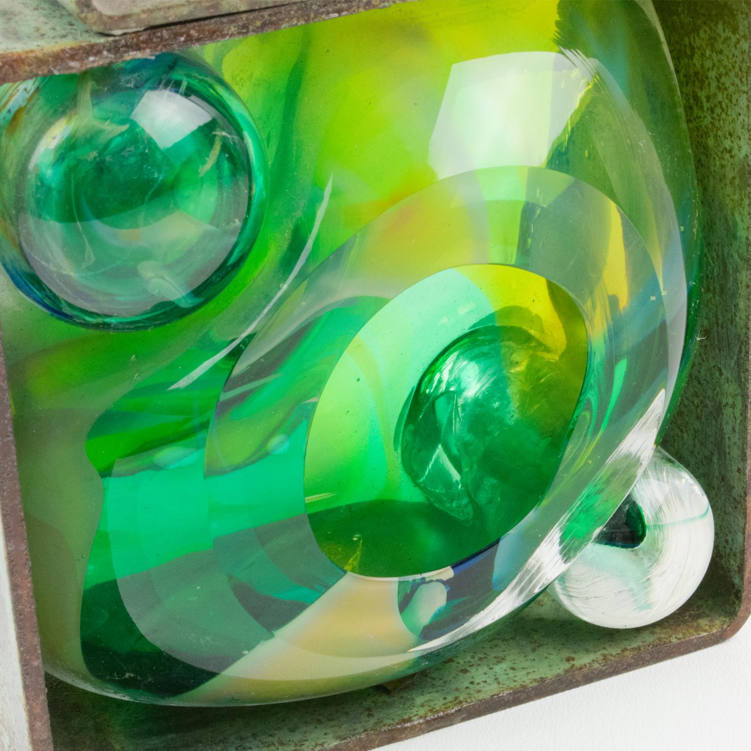 Abstract Brutalist Steel Green Blue Glass Art Work Sculpture 12