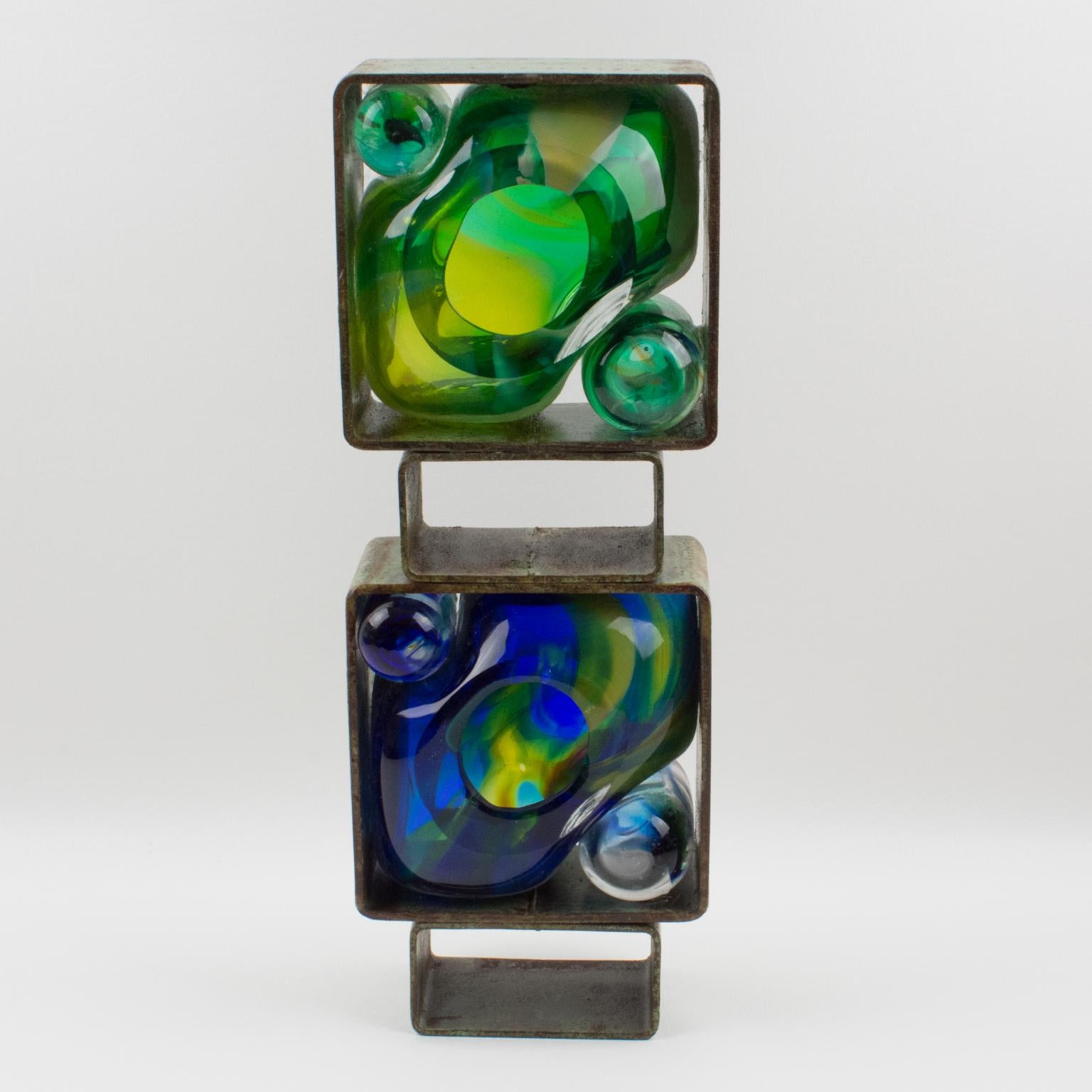 Modern Abstract Brutalist Steel Green Blue Glass Art Work Sculpture