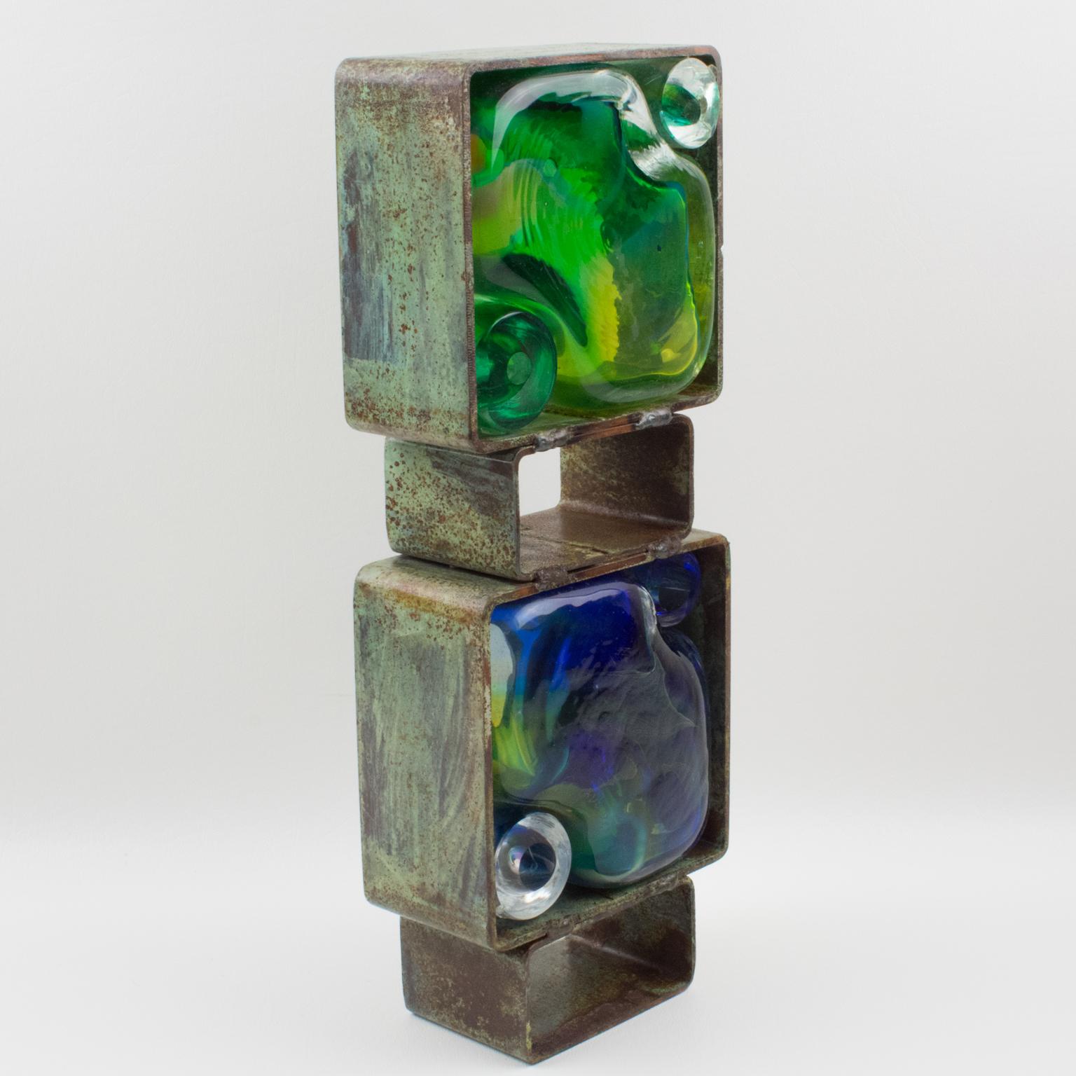 20th Century Abstract Brutalist Steel Green Blue Glass Art Work Sculpture