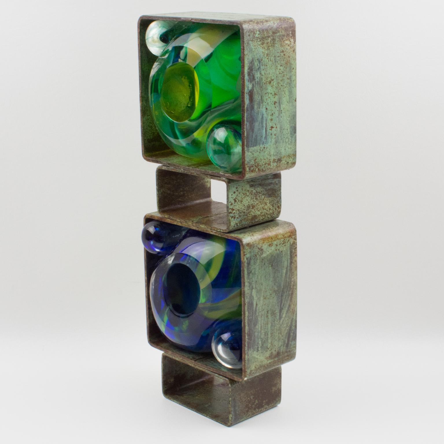 Metal Abstract Brutalist Steel Green Blue Glass Art Work Sculpture