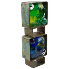 Abstract Brutalist Steel Green Blue Glass Art Work Sculpture