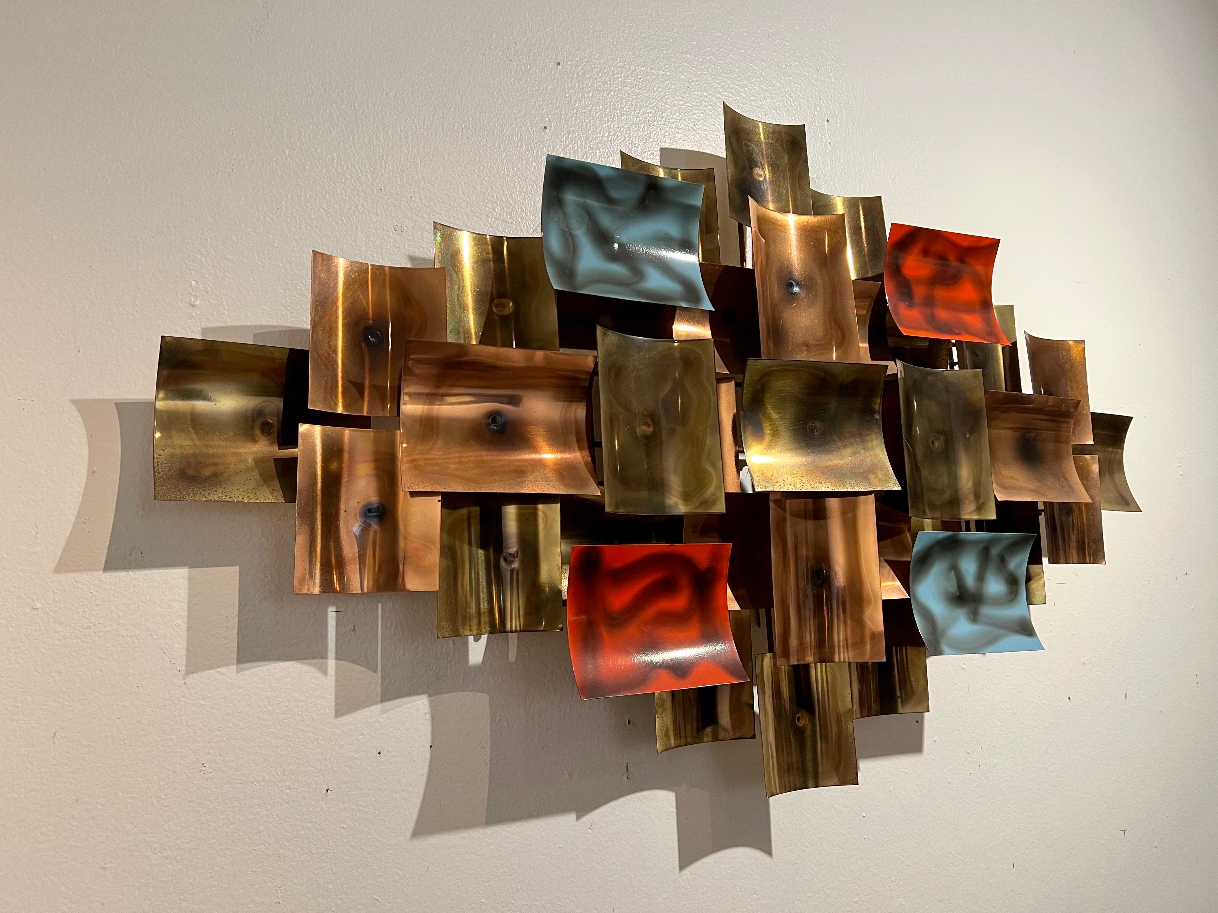 Abstract Brutalist wall Hanging Sculpture in Brass and Enamel, 1970's ...