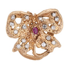 Abstract Butterfly Ring Vintage 14k Yellow Gold Diamond Ruby Fine Jewelry