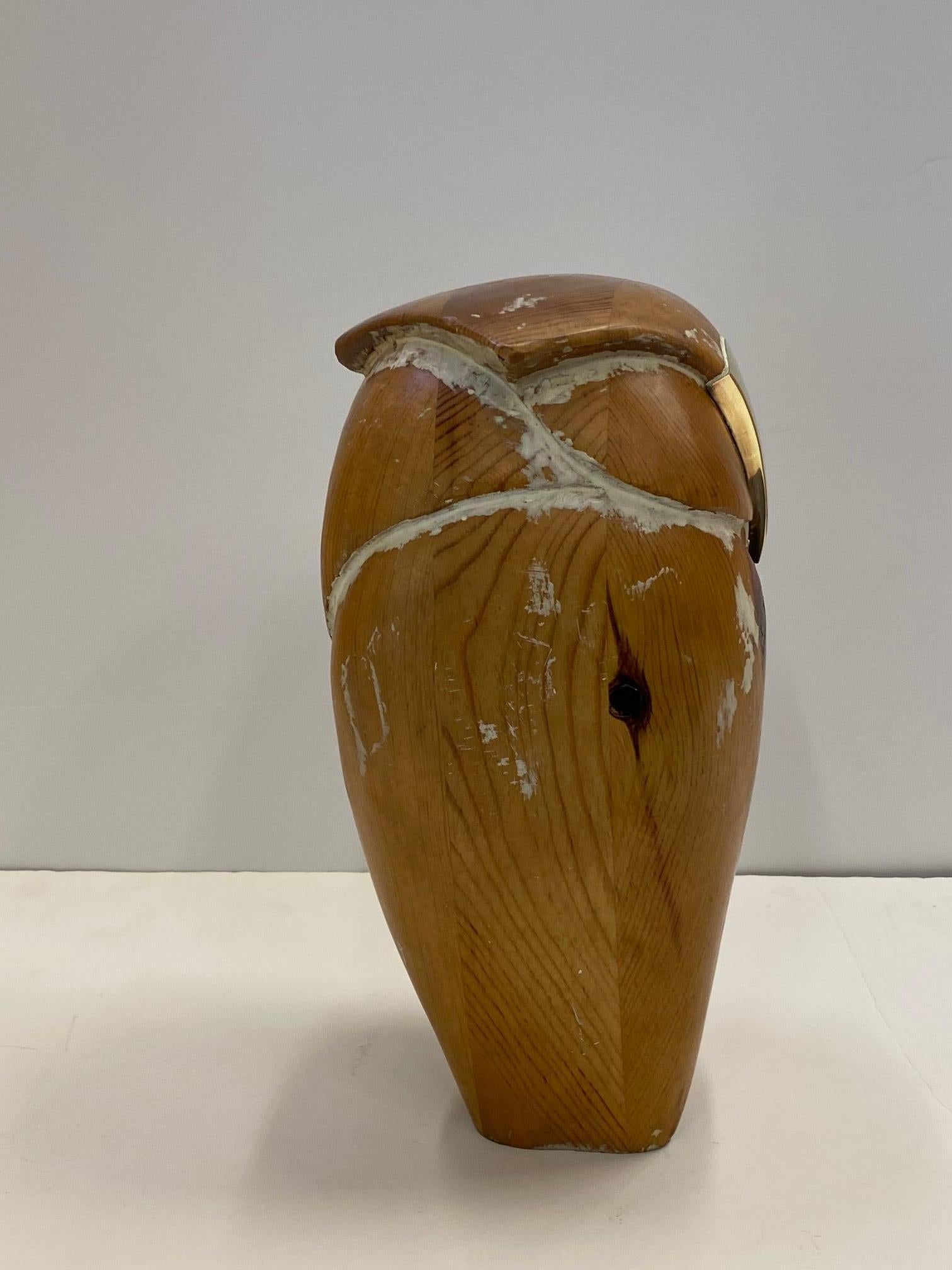 Abstract Carved Wooden Owl Sculpture with Brass Beak In Good Condition For Sale In Hopewell, NJ