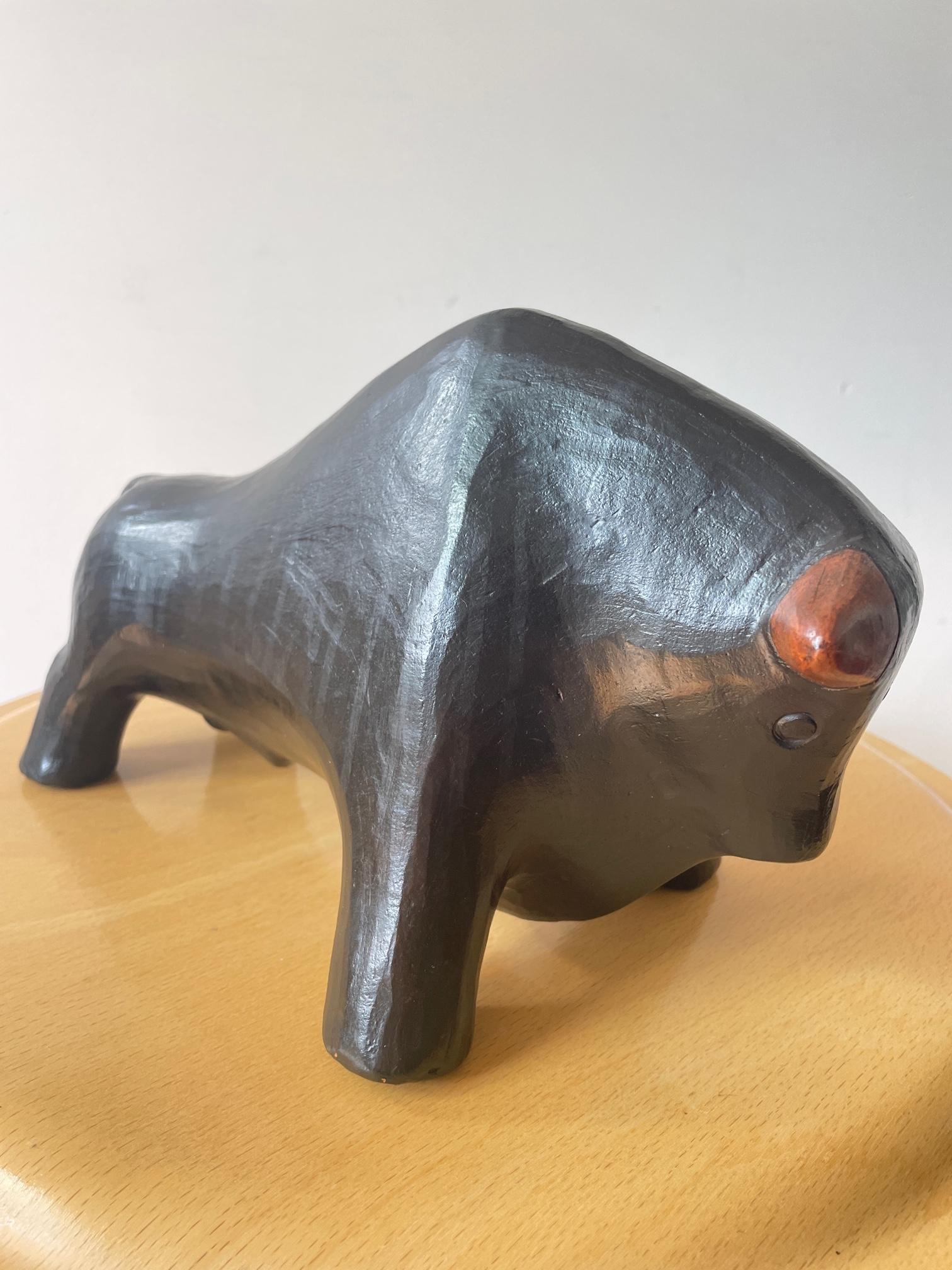 Arts and Crafts Abstract Ceramic Bull Signed Florentino. Spanish Earthenware Clay Art. 70s For Sale