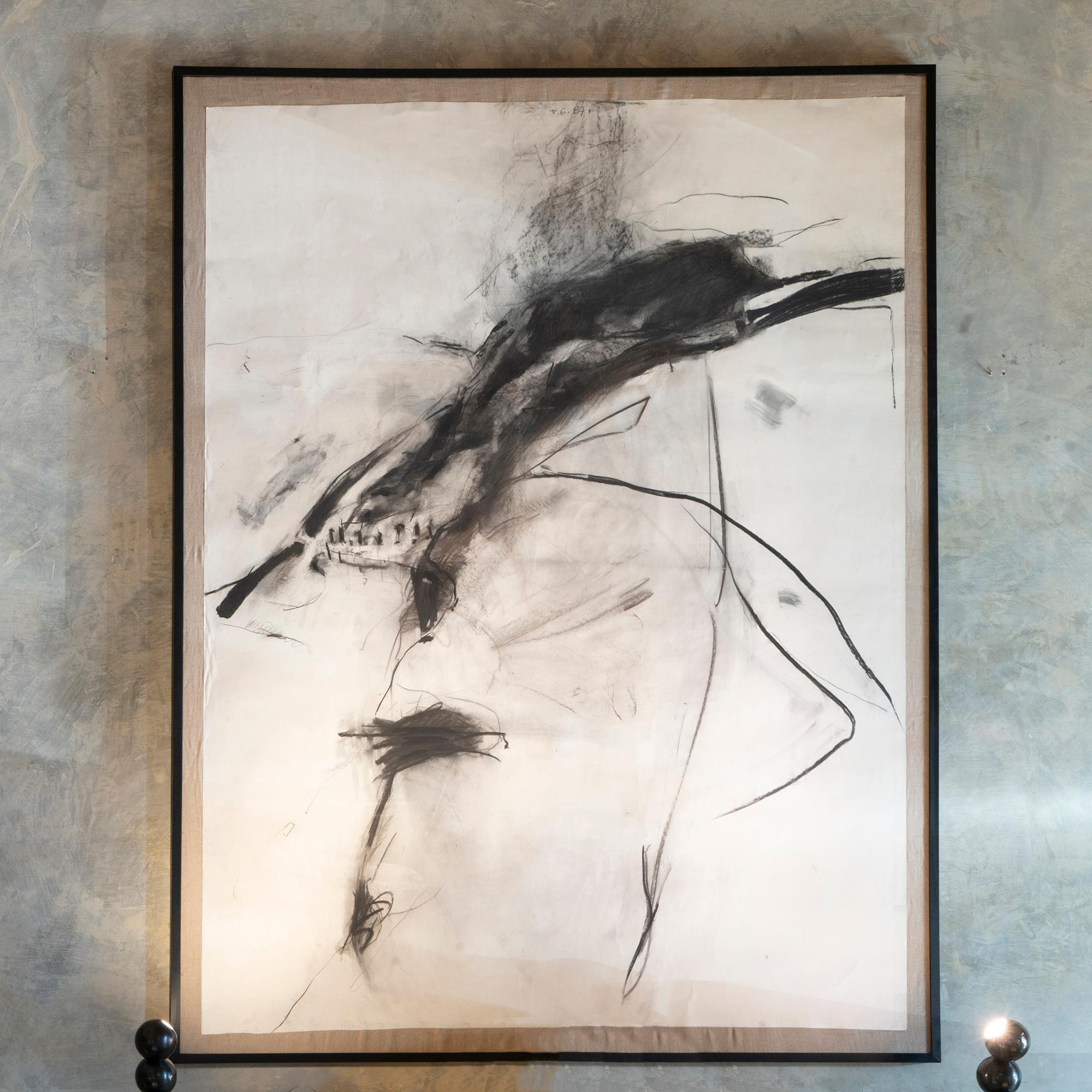 Abstract charcoal work on parchment paper from the Steinback Malmedy paper mill, mounted on juta fabric, black wood hand painted frame, artist unknown signed with initials TG 87, Belgium.