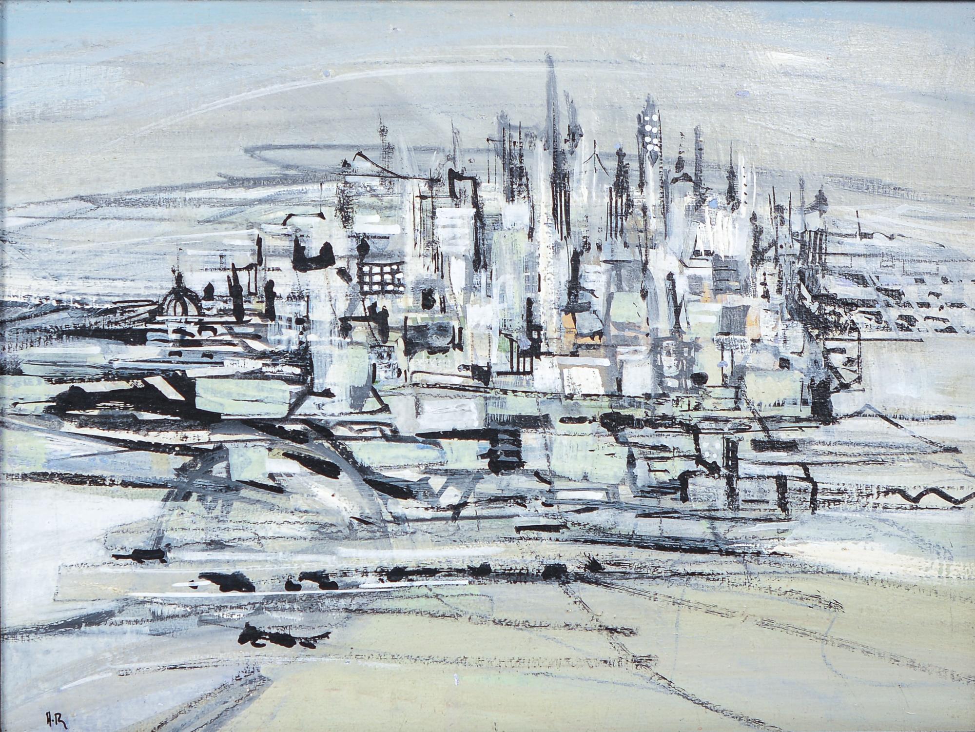 Abstract City Scape Painting by California Artist Jean Halpert-Ryden (Moderne der Mitte des Jahrhunderts) im Angebot
