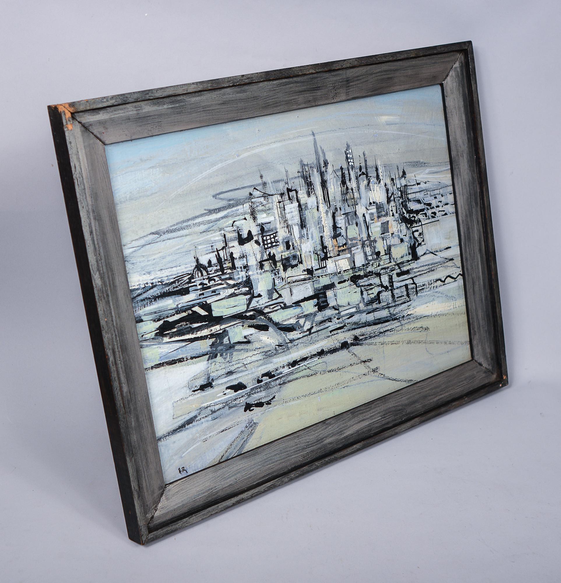 Abstract City Scape Painting by California Artist Jean Halpert-Ryden (Masonit) im Angebot