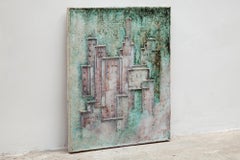 Abstract Cityscape Ceramic Relief in Green Tones, 1970s