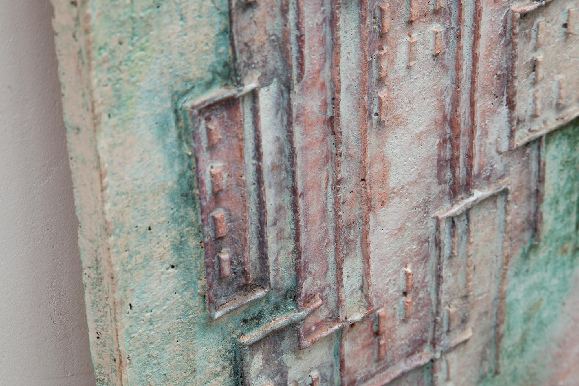 Abstract Cityscape Ceramic Relief in Green Tones, 1970s In Good Condition For Sale In Antwerp, BE