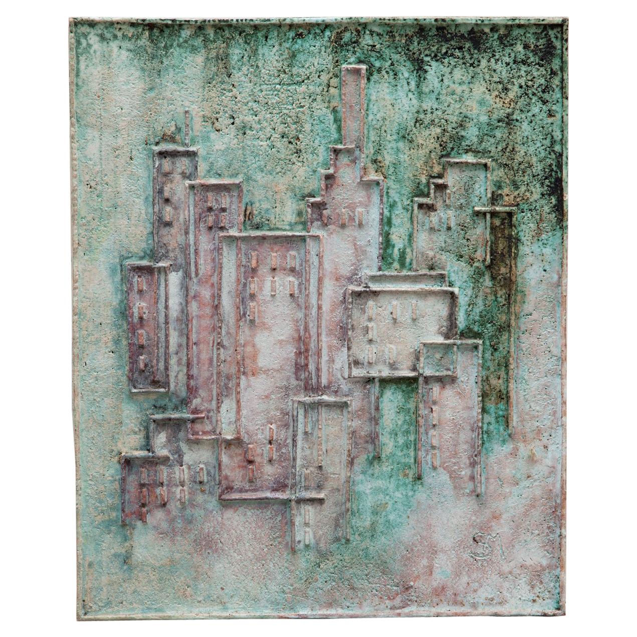 Abstract Cityscape Ceramic Relief in Green Tones, 1970s