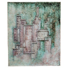 Abstract Cityscape Ceramic Relief in Green Tones, 1970s