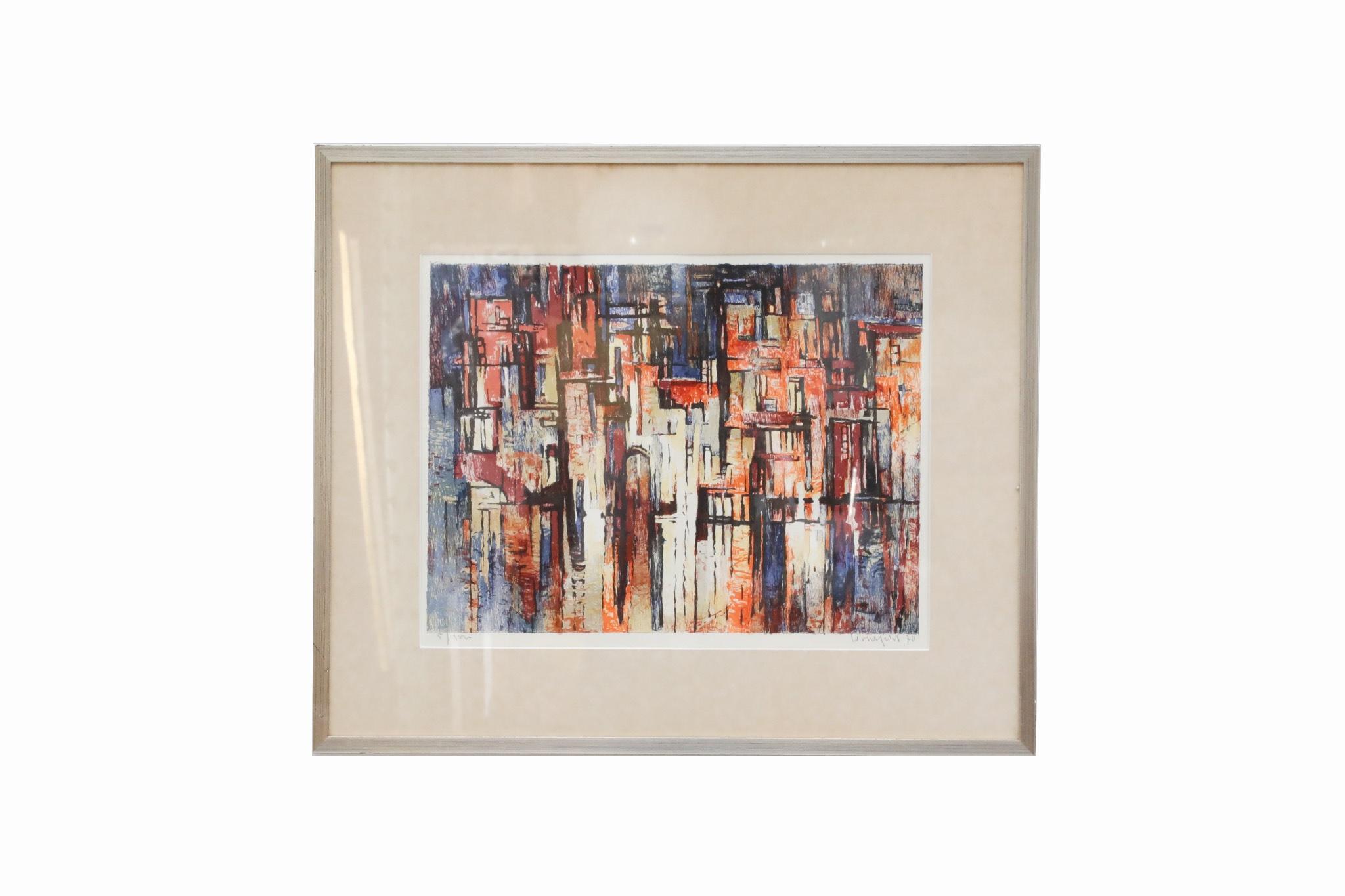Mid-Century Modern Abstract Cityscape Print, Framed 1970's For Sale