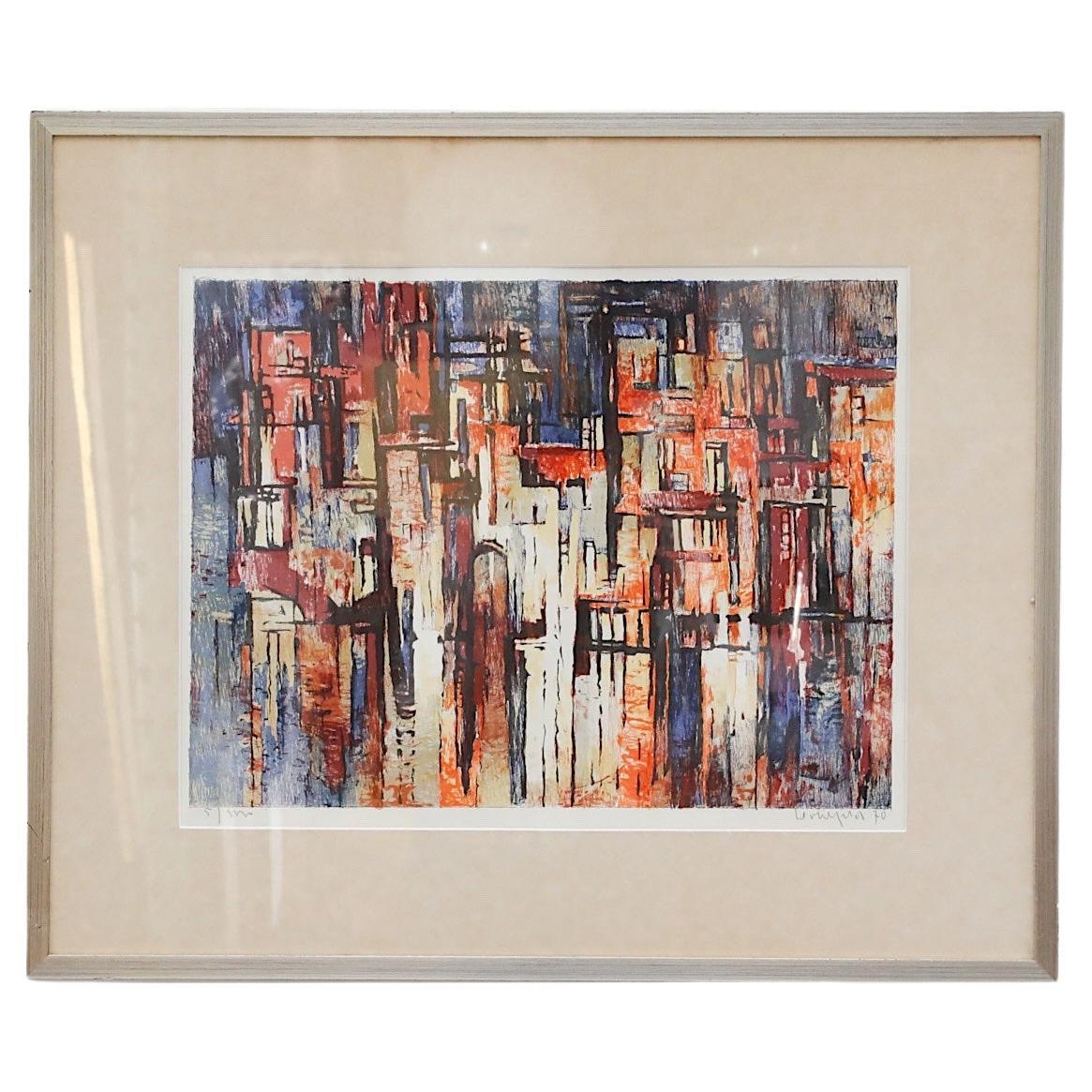 Abstract Cityscape Print, Framed 1970's For Sale