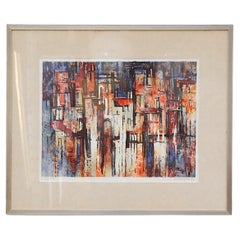 Vintage Abstract Cityscape Print, Framed 1970's
