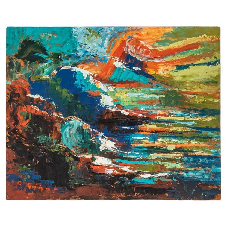 Peinture à l'huile sur plaque, Coastline abstrait d'Albert Pinot, prête à être accrochée